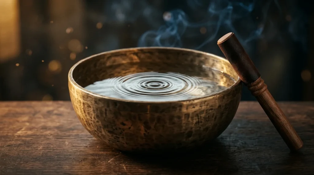 Antike tibetische Klangschale aus Messing mit Wasser und Klangwellen in warmem Seitenlicht