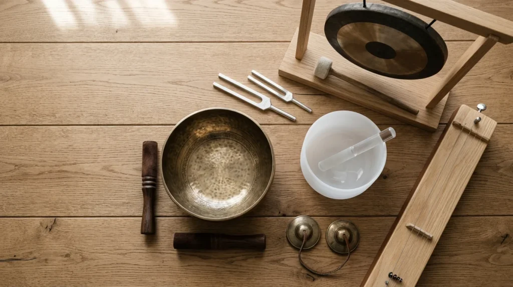 Flatlay mit Klangschale Gong Stimmgabeln Zimbeln Monochord auf Eichenholz fuer Klangtherapie