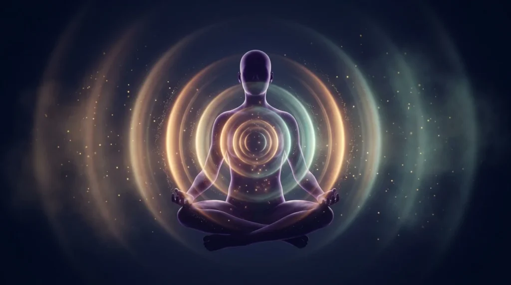 Abstrakte Visualisierung von Klangwellen die sich um meditierende Silhouette ausbreiten